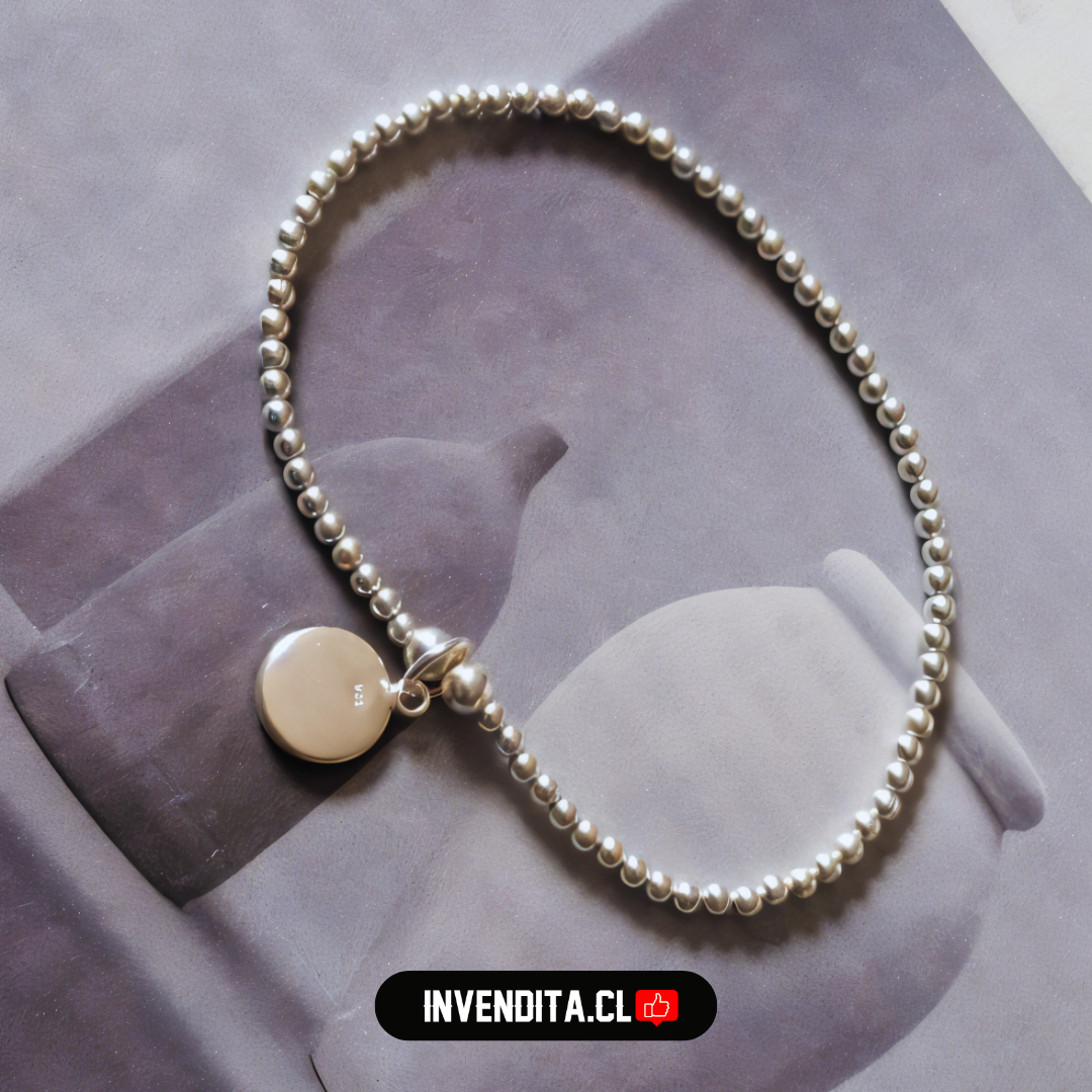 Pulsera de plata 925 diseño de esferas con placa circular