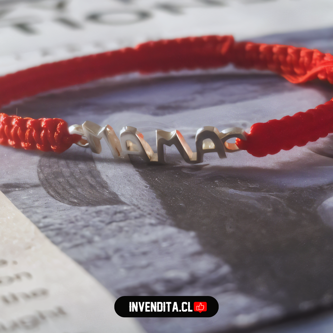Pulsera de plata 925 "MAMÁ" macramé roja