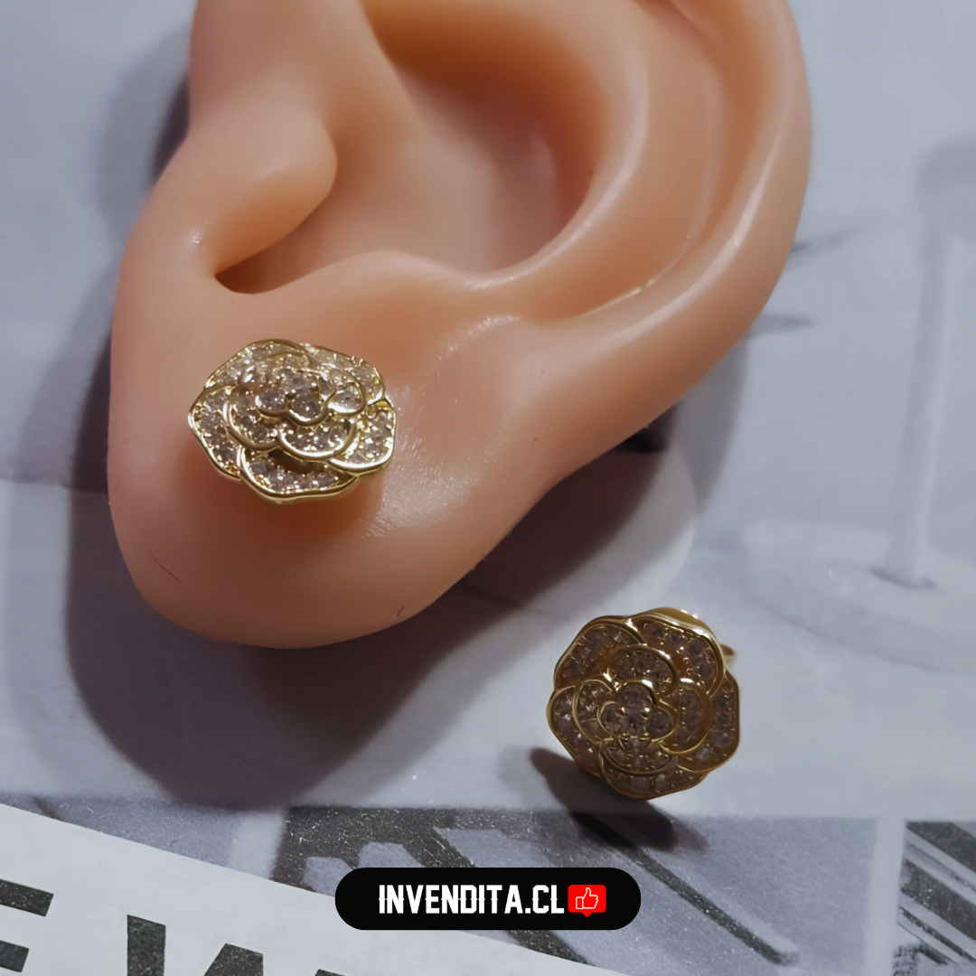 Aros enchapados en oro diseño rosa con circones