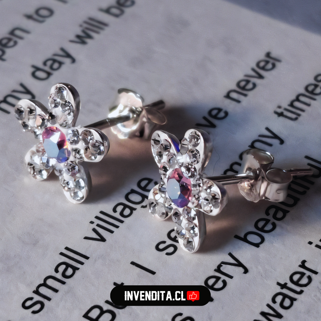 Aros de plata 925 diseño flor de strass con circón rosa