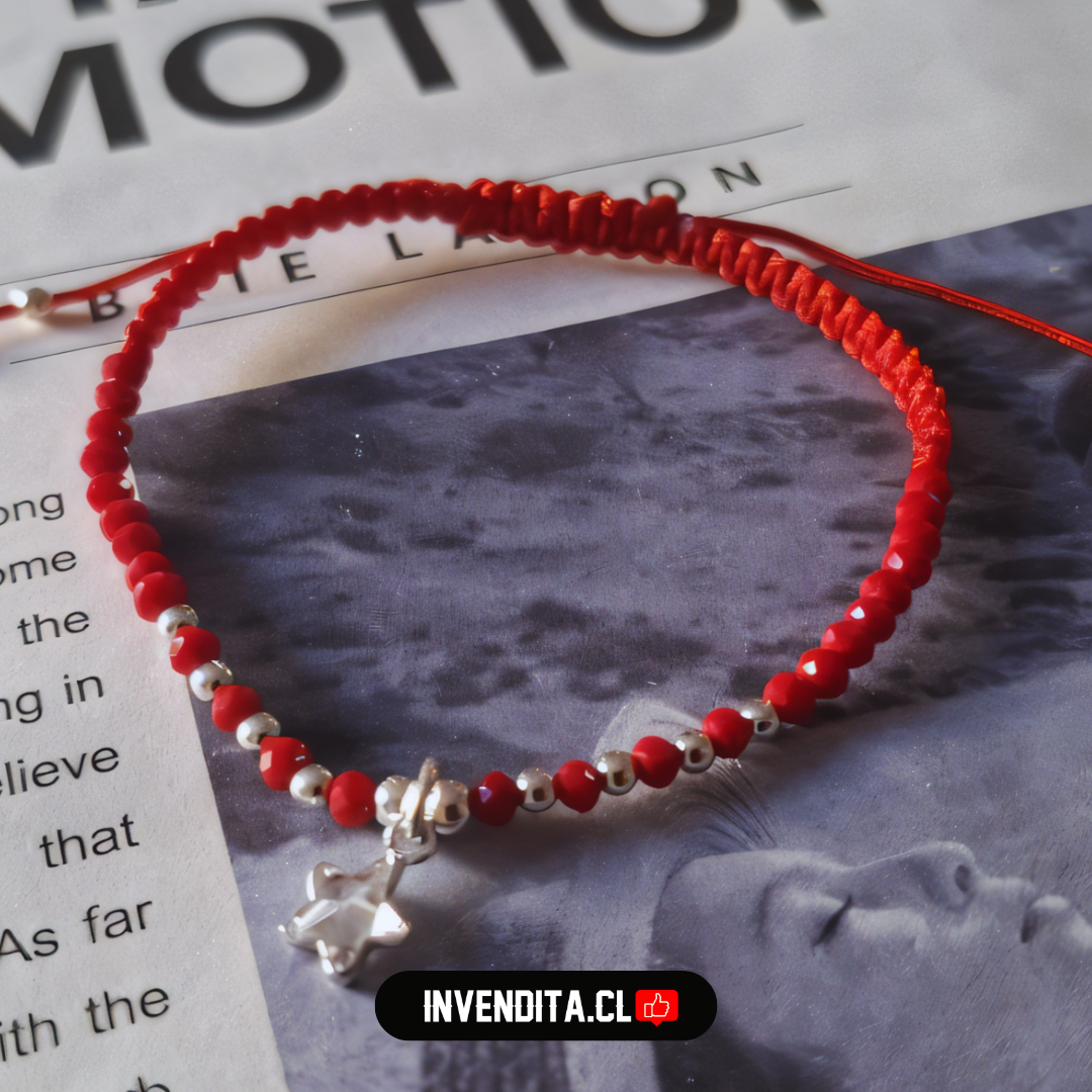 Pulsera macramé roja de plata 925 circón figura estrellada y cristales