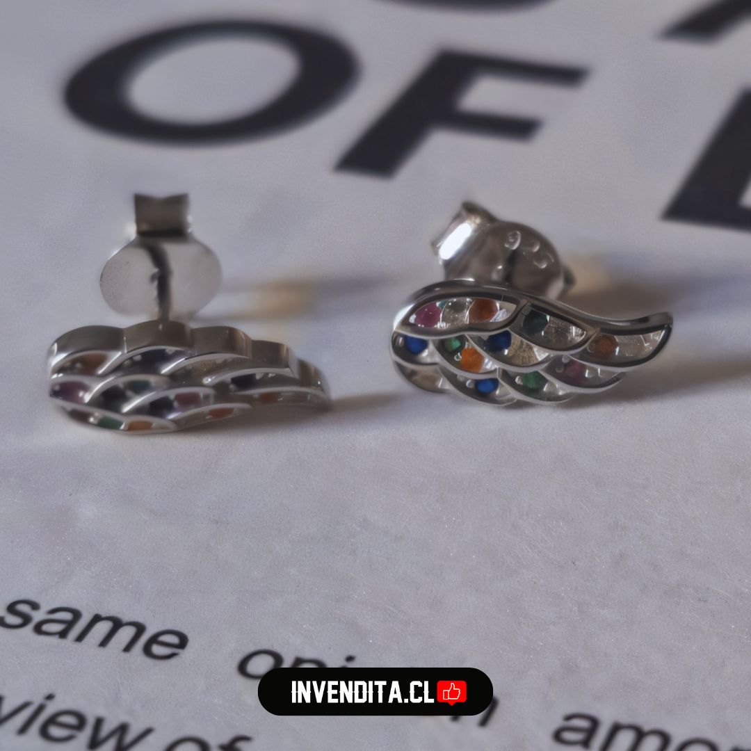 Aros de plata 925 pequeñas alas con circones de colores