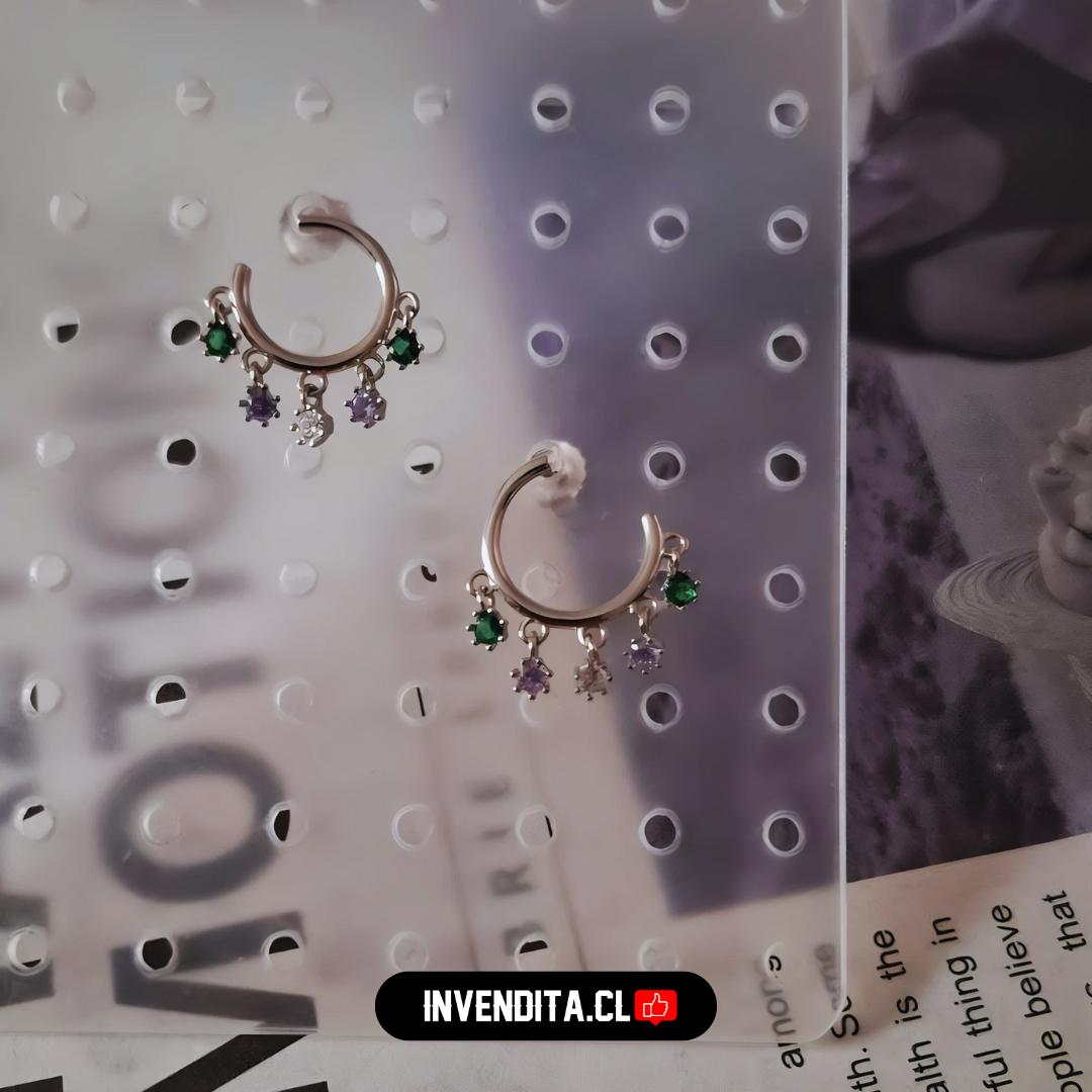 Aros de Plata 925 argolla con circones de colores colgantes