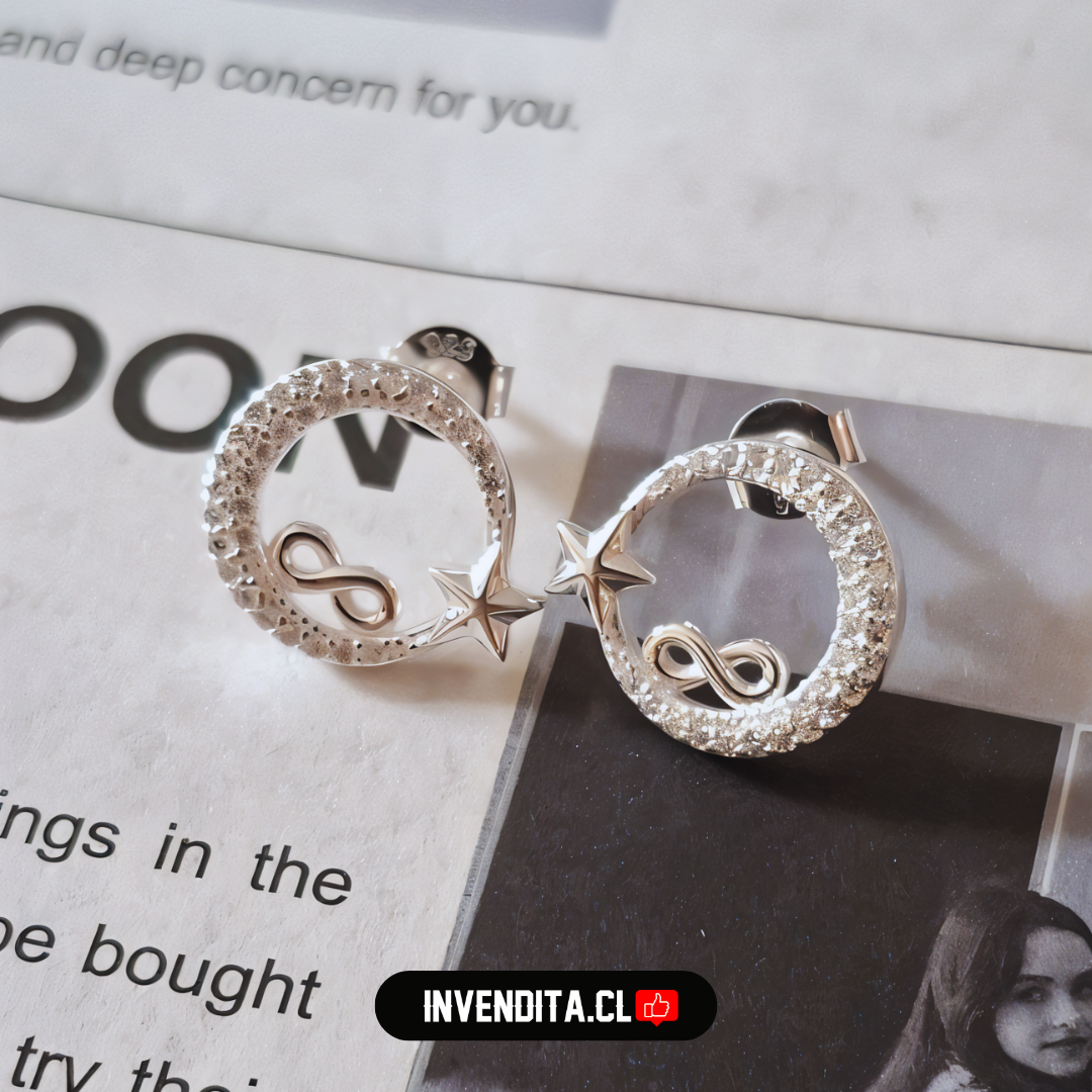 Aros de plata 925 diseño luna de estrella e infinito con circones