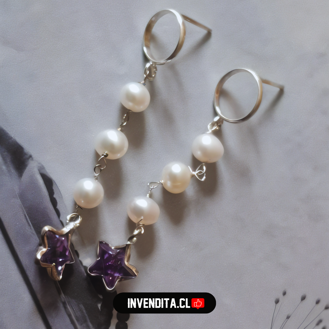 Aros de plata 925 perlas con estrella lila