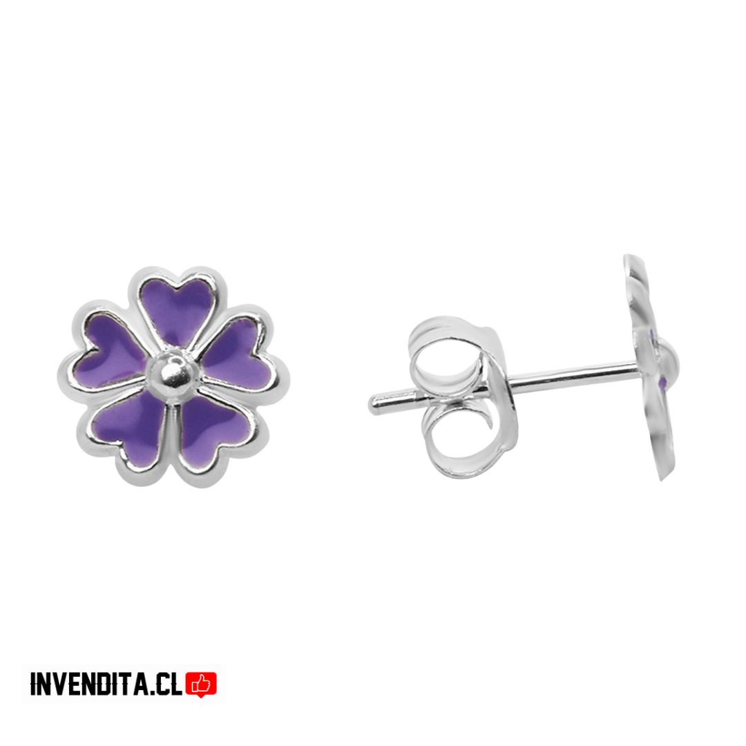 Aros de plata 925 delicadas flores esmaltadas color lavanda