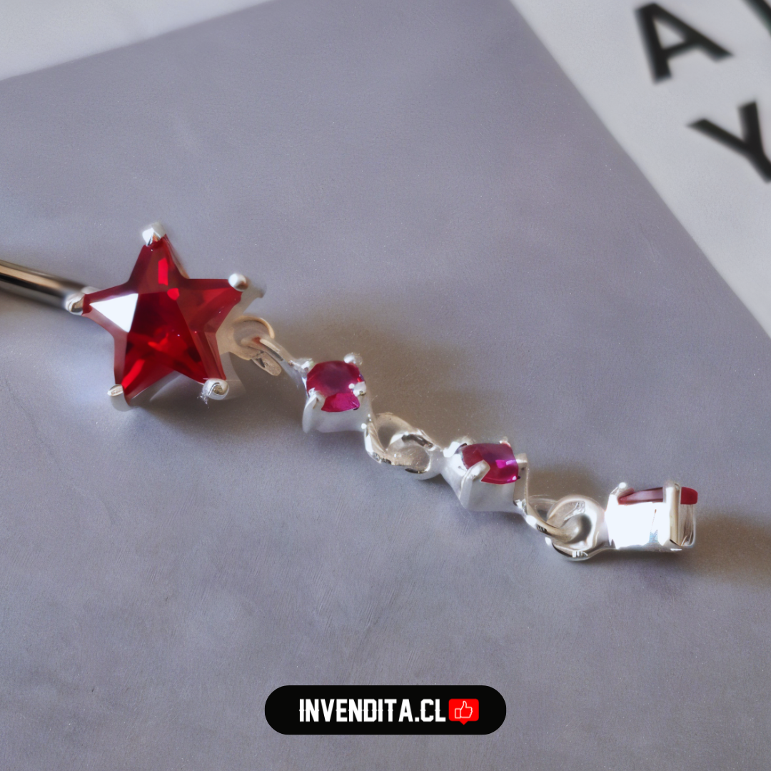 Aro de plata 925 Piercing ombligo estrella con circones de rubí