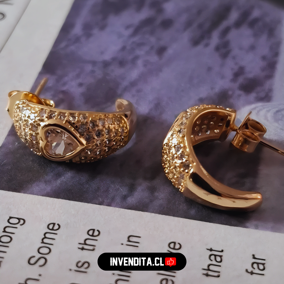 Aros enchapados en oro rosado semi argollas con circones y corazón