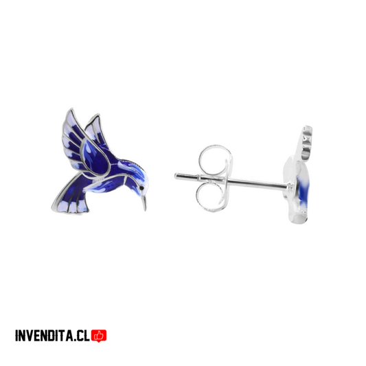 Aros de Plata 925 Colibrí Esmaltado Azul Eléctrico