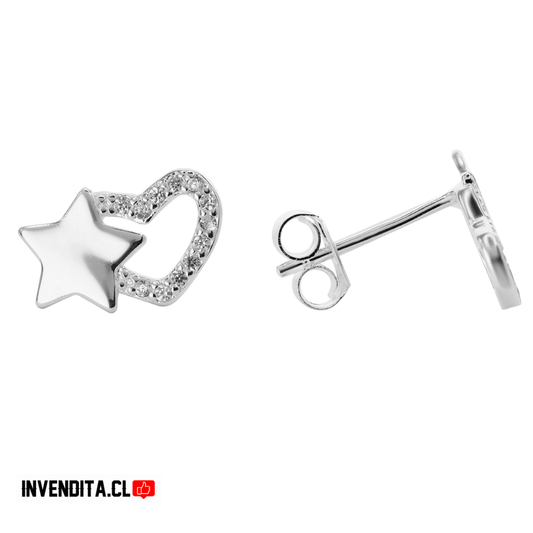 Aros de plata 925 corazón de circones y placa de estrellas
