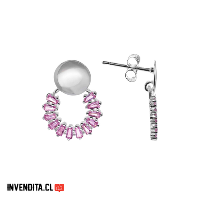 Aros de Plata 925 Estilo Argolla con Serie de Circones Rosas