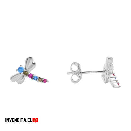 Aros de plata 925 diseño libélula con circones de colores