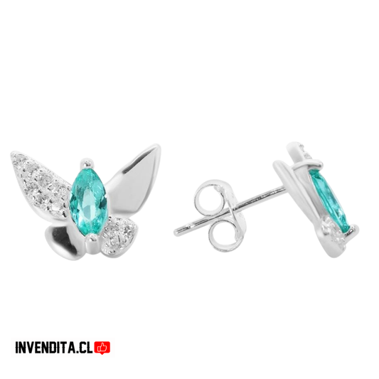 Aros de plata 925 mariposa con circón verde agua