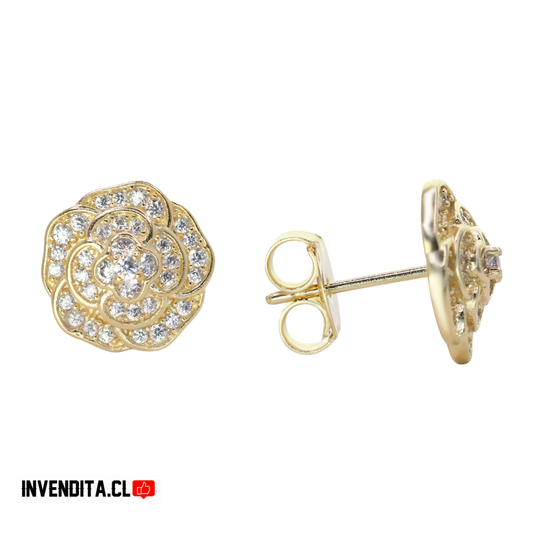 Aros enchapados en oro diseño rosa con circones