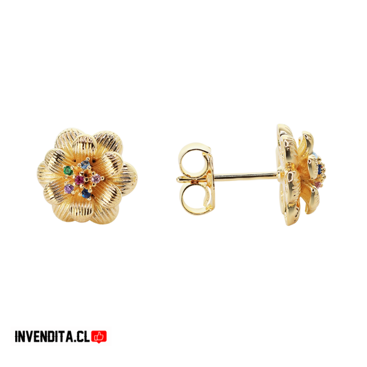 Aros enchapados en oro diseño flor con circones de colores