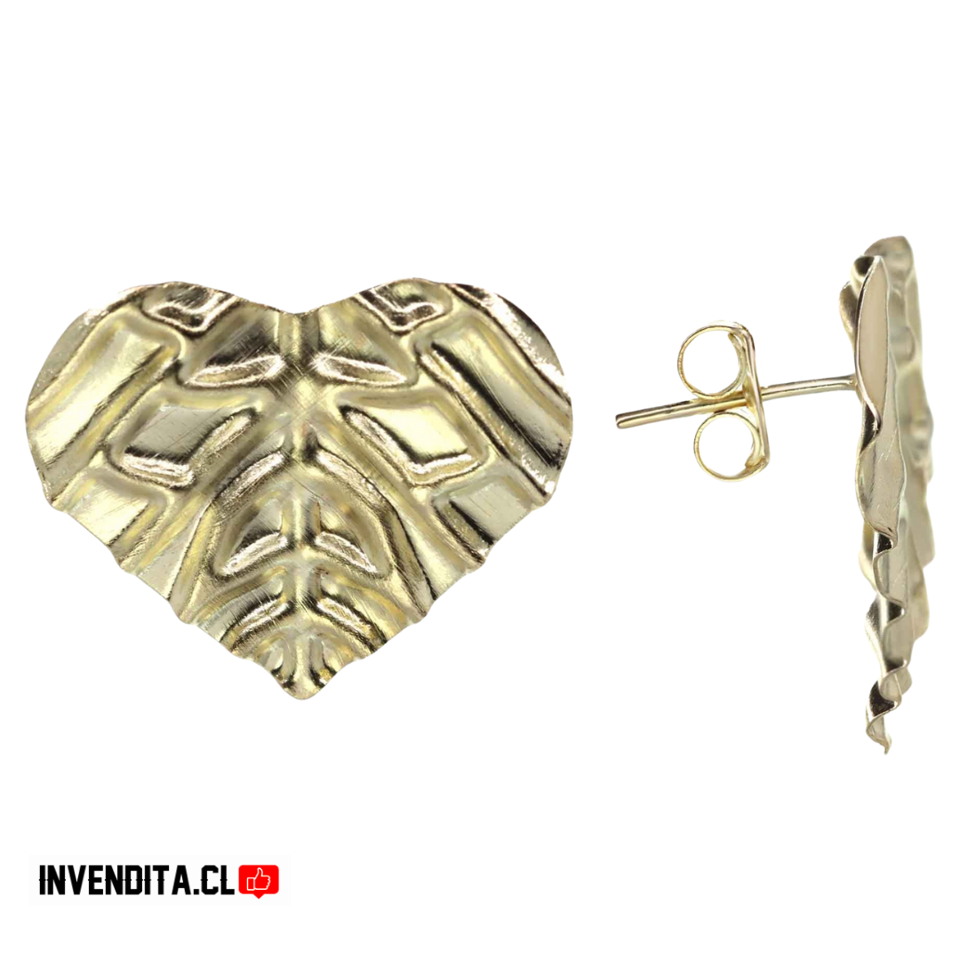 Aros enchapados en oro diseño hoja corazón con relieve