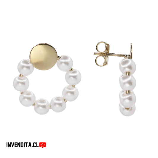 Aros enchapados en oro placa redonda con perlas de imitación