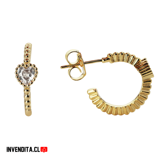 Aros enchapado en oro semi argolla con circón de corazón
