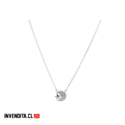 Collar de Plata 925 Luna con Circones y Estrella Lisa