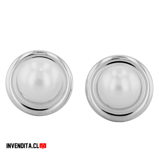 Aros de plata 925 estilo botón con gran perla central