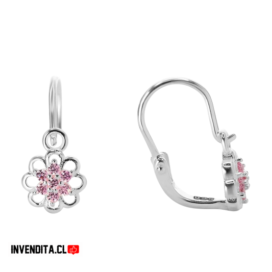 Aros de plata 925 estilo gancho con flor rosa