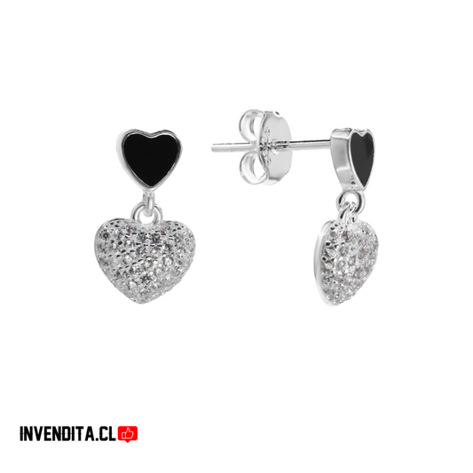 Aros de plata 925 corazón esmaltado en negro y colgantes con circón