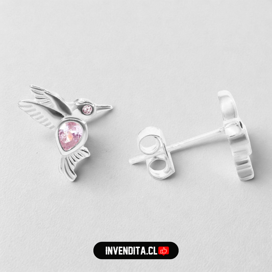 Aros de plata 925 colibrí volador con circones rosas