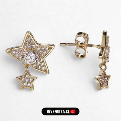 Aros enchapados en oro diseño doble estrella con circones
