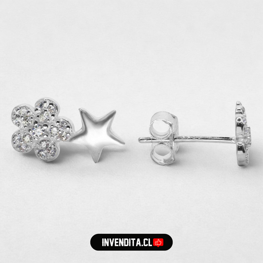 Aros de plata 925 flores con circones y estrella lisa