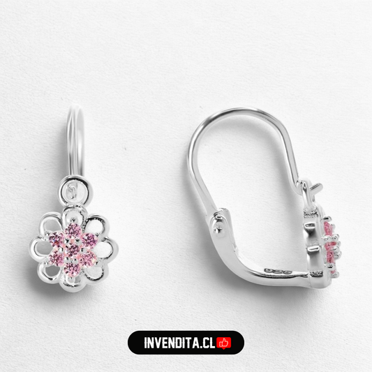 Aros de plata 925 estilo gancho con flor rosa