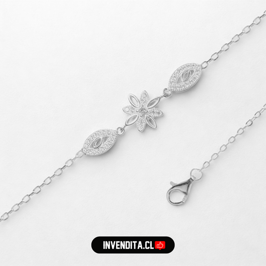 Pulsera de plata 925 flor con circones y ojos turcos