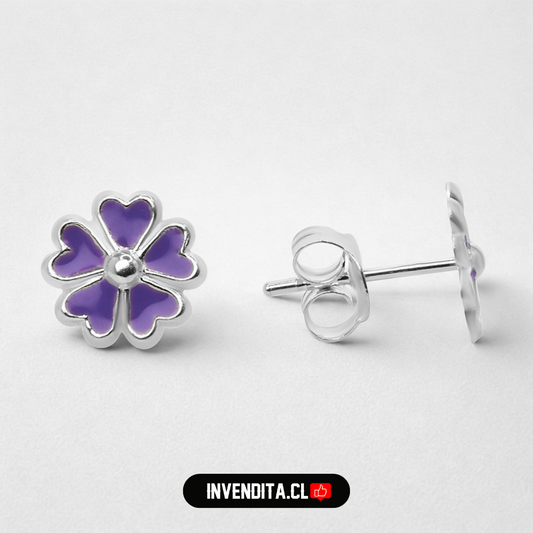Aros de plata 925 delicadas flores esmaltadas color lavanda