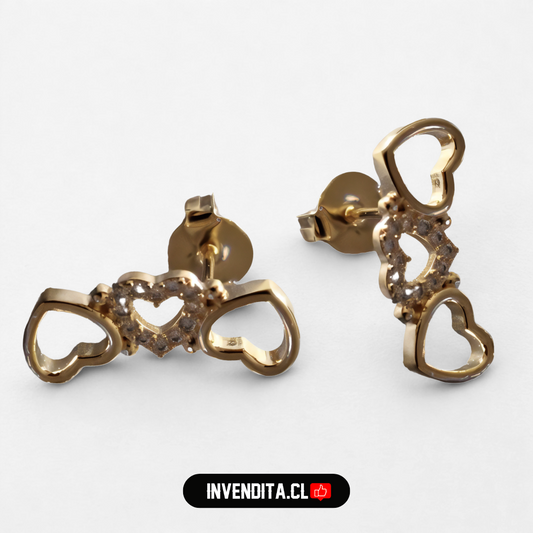 Aros enchapados en oro tres corazones con circones