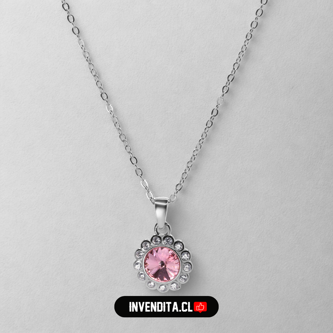 Collar de plata 925 diseño flor con cristal rosa Swarovski Elements