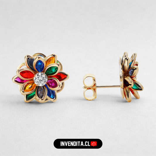 Aros enchapados en oro flores estilo loto con circones de colores