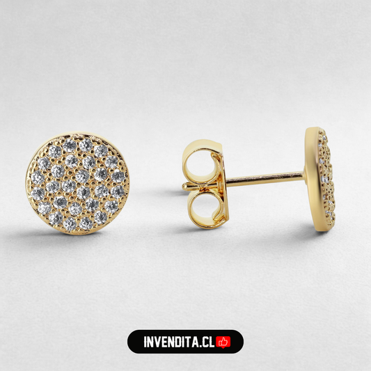Aros enchapados en oro diseño placa circular con circones