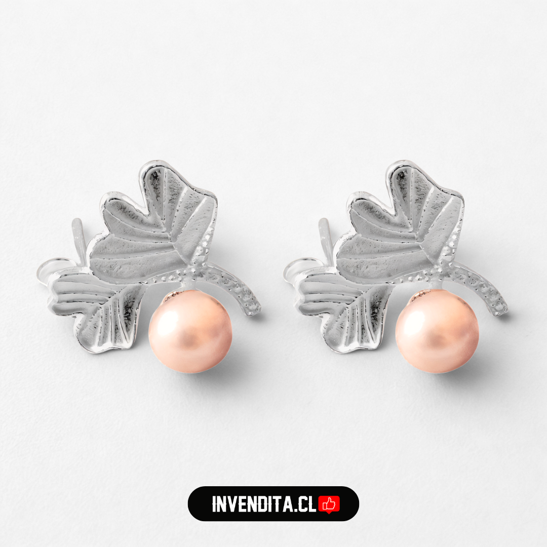 Aros de plata 925 diseño hojas de circones con pequeña perla