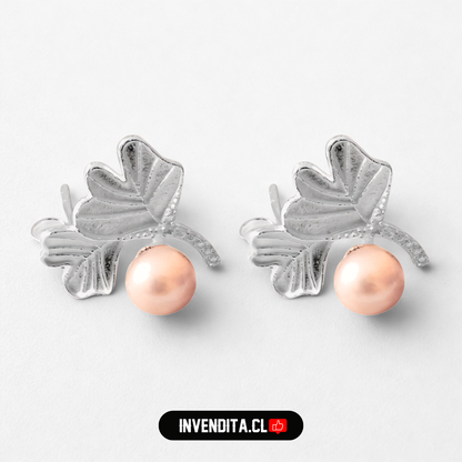 Aros de plata 925 diseño hojas de circones con pequeña perla