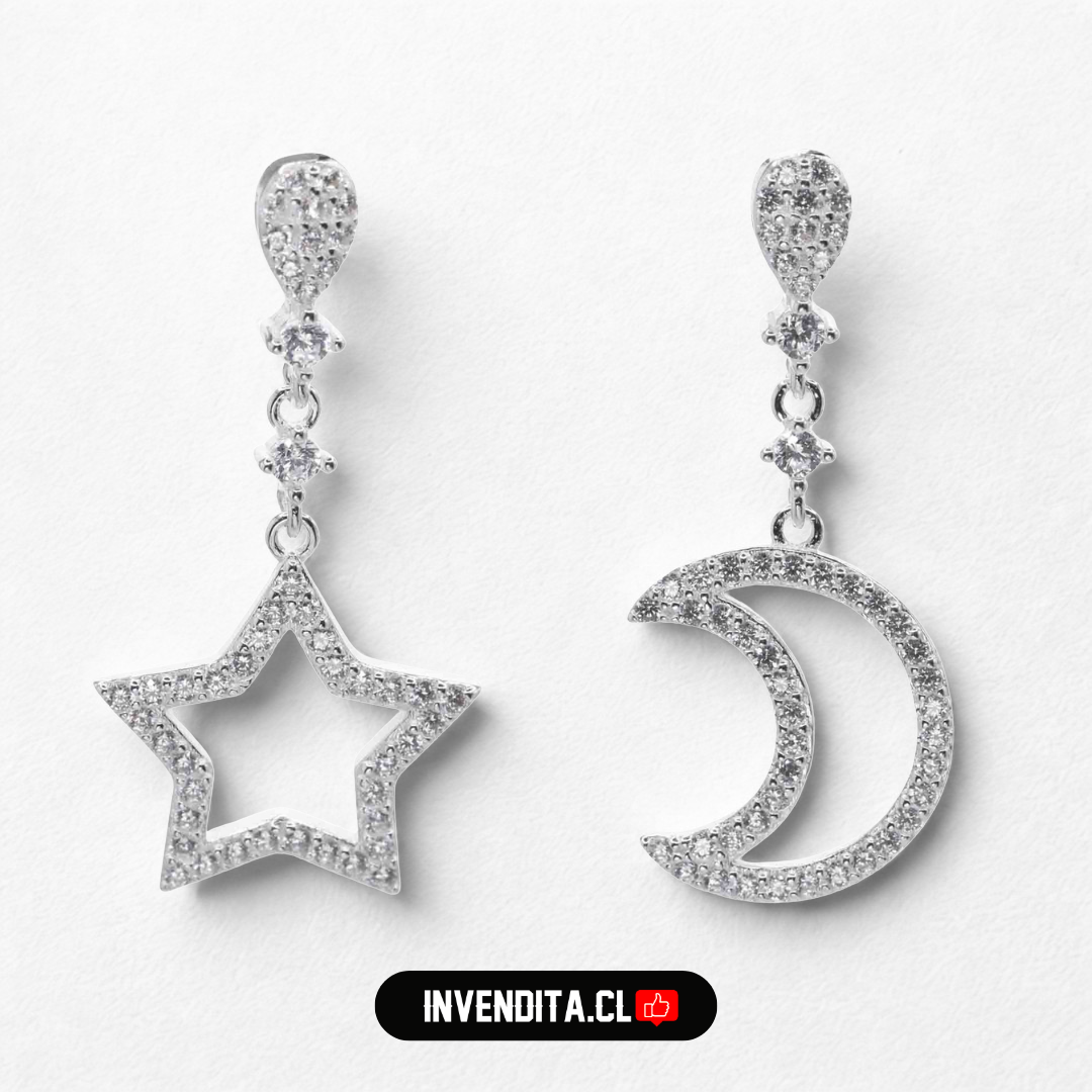 Aros de plata 925 diseño estrella y luna con circones