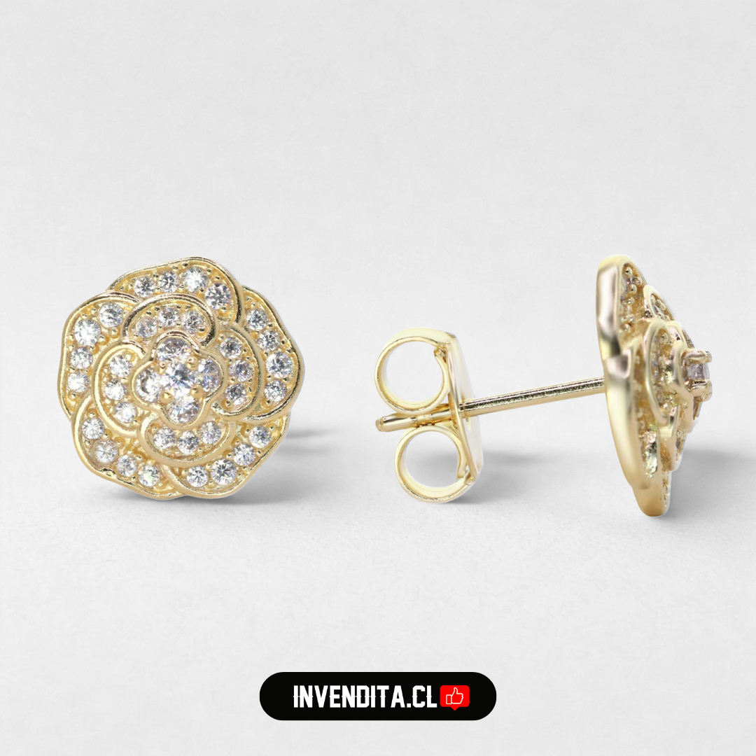 Aros enchapados en oro diseño rosa con circones