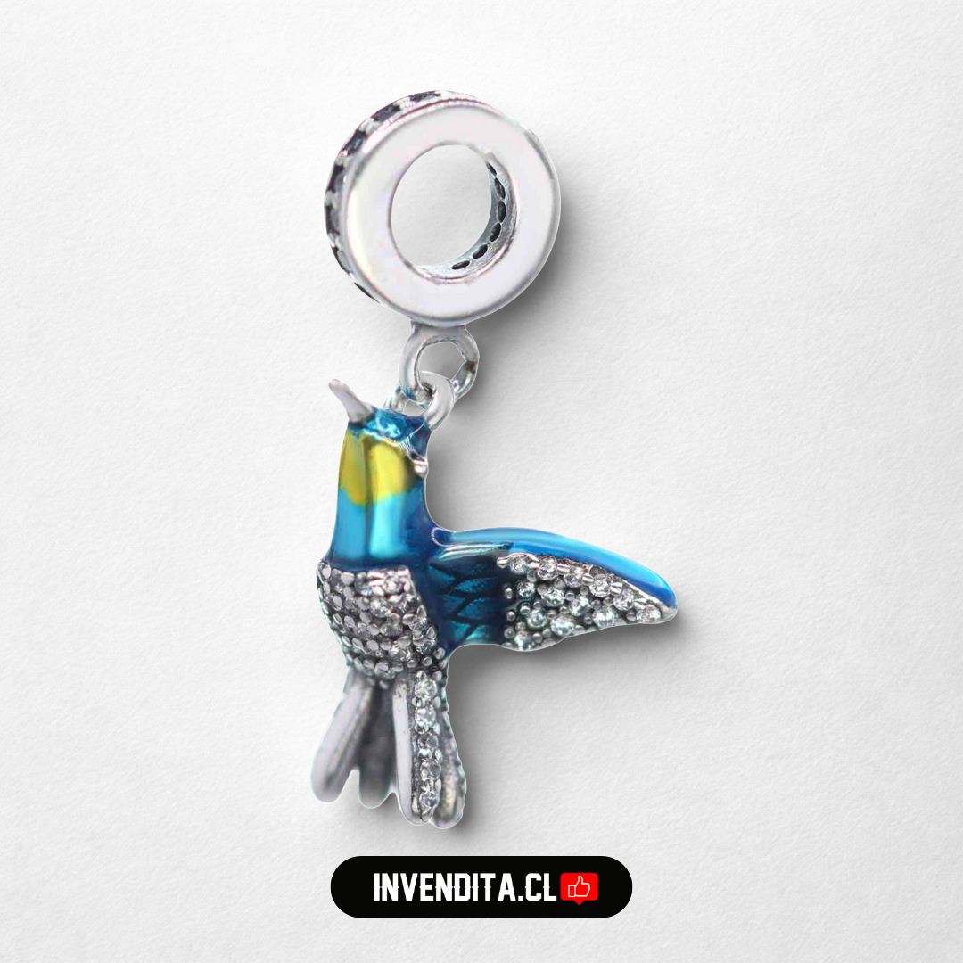 Charm estilo pandora colibrí celeste con pecho de circones