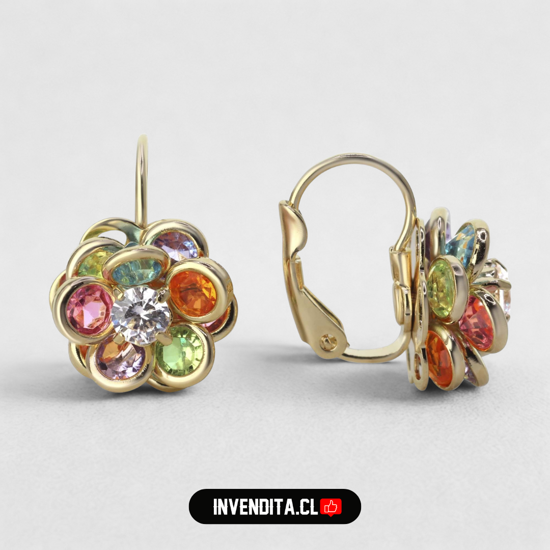 Aros enchapados en oro diseño flor de colores doble de circones