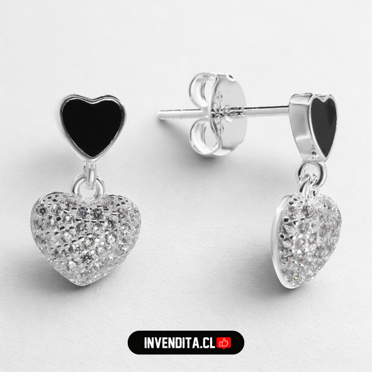 Aros de plata 925 corazón esmaltado en negro y colgantes con circón