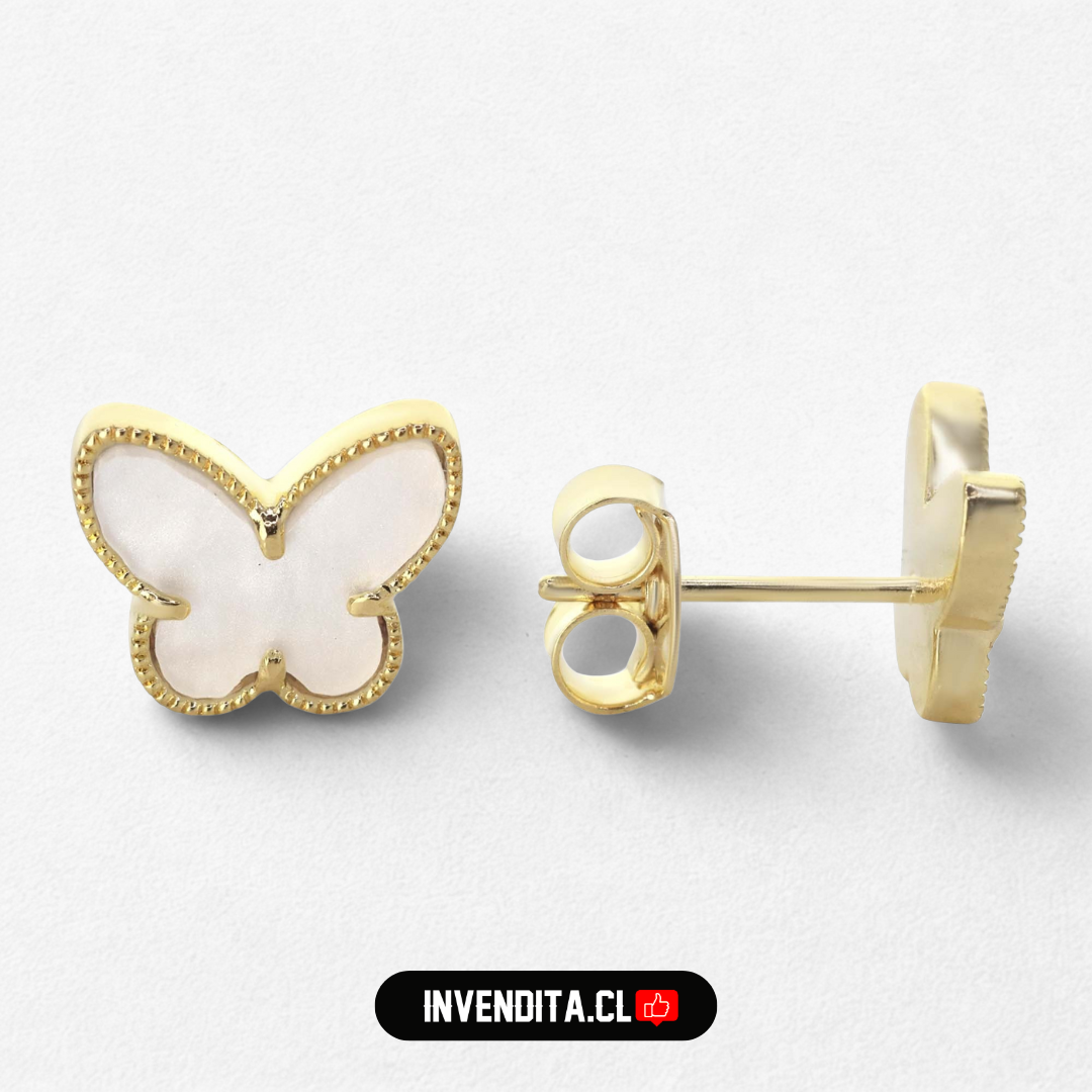 Aros enchapados en oro diseño mariposa placa color marfil