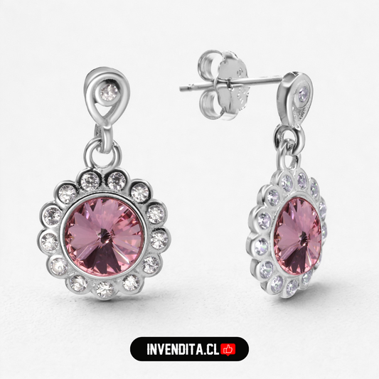 Aros de plata 925 diseño flor con cristal rosa Swarovski Elements