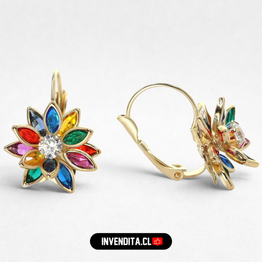 Aros enchapados en oro modelo loto con circones de colores