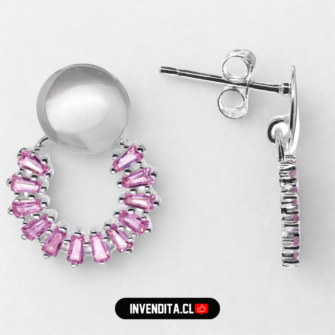 Aros de plata 925 estilo argolla con serie de circones rosas