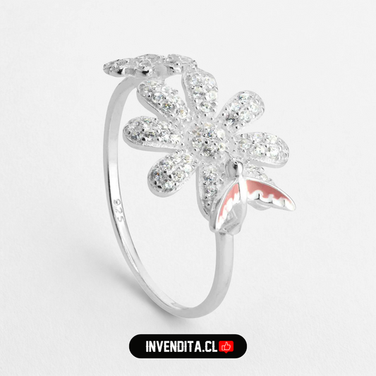 Anillo de plata 925 margarita de circones con golondrina