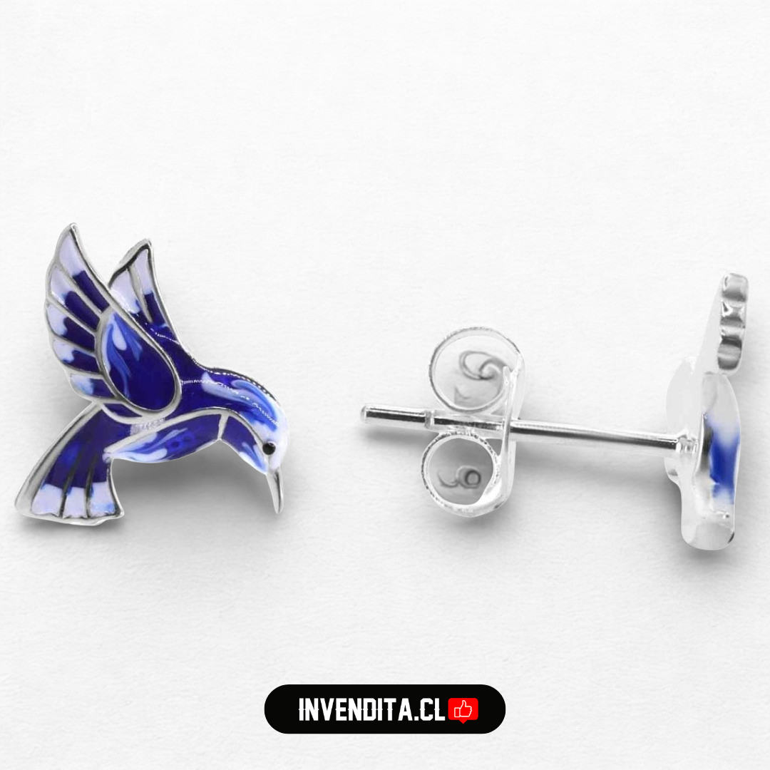 Aros de plata 925 colibrí esmaltado azul eléctrico