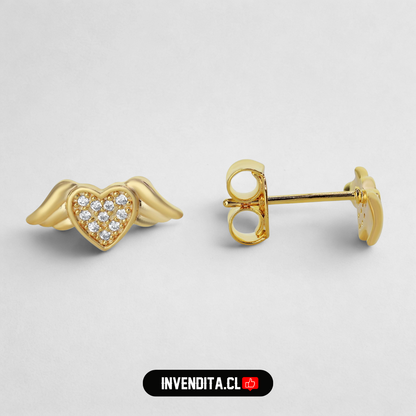Aros enchapados en oro diseño corazón alado con circones